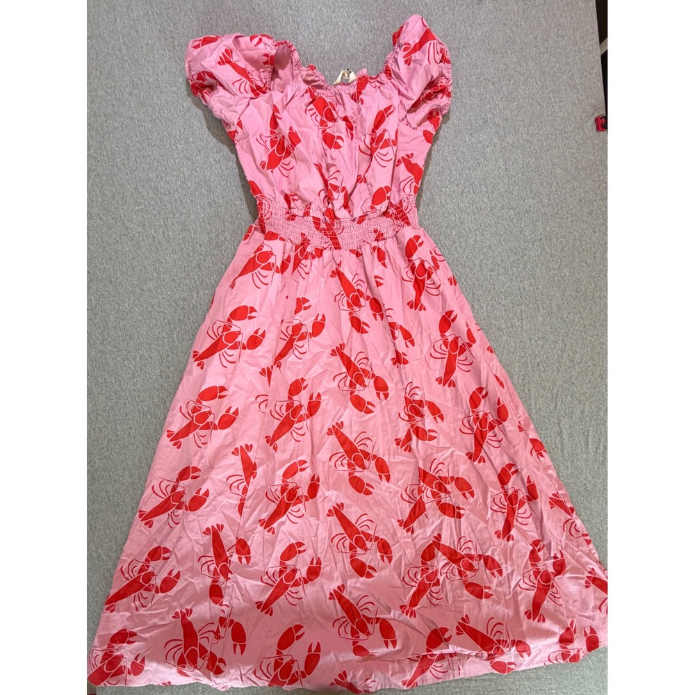 Boden Pink Red Lobster Print Cotton Puff Sleeve Smocked Midi Dress US 8R D0944